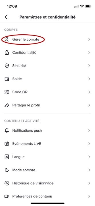 Gestion du compte TikTok dans les paramètres
