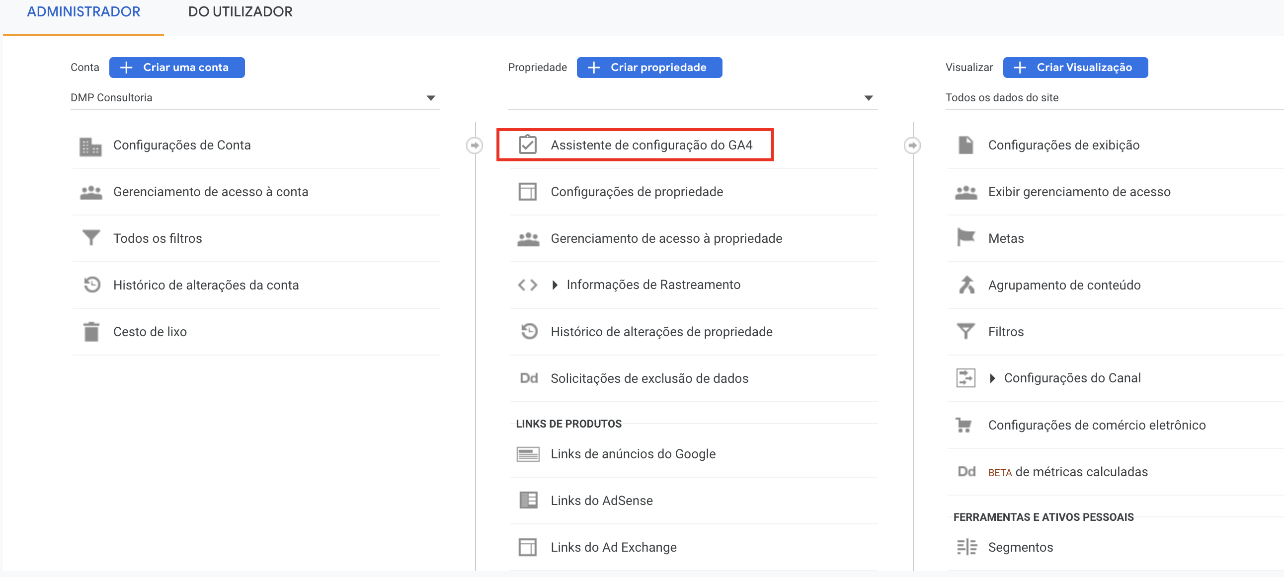 Google Analytics 4 - navegue até o assistente de configuração 