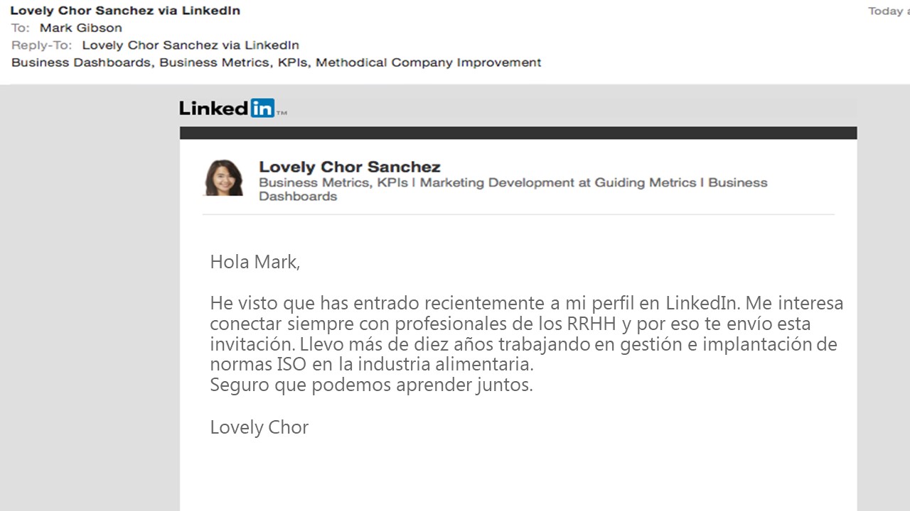 Ejemplo de InMail en LinkedIn para conexión