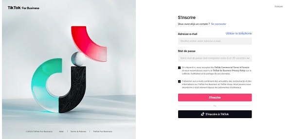 Page S'inscrire TikTok for Business