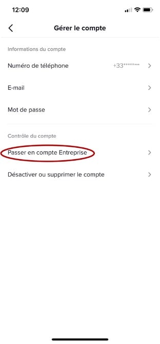 Passage en compte Entreprise dans les paramètres du compte TikTok