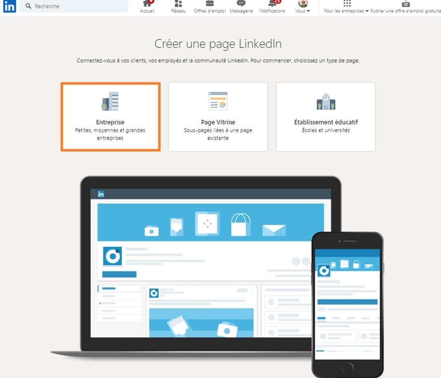 Sélectionner le type de page à créer sur Linkedin