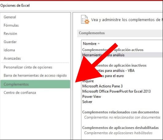 Cómo realizar un análisis de datos en Excel: elige la opción «Complementos»