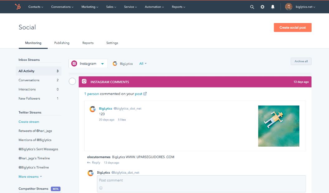 Software para atención al cliente en redes sociales de HubSpot