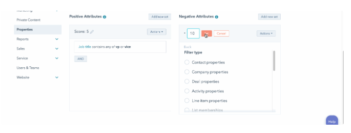 Atributos negativos de lead scoring en software de HubSpot