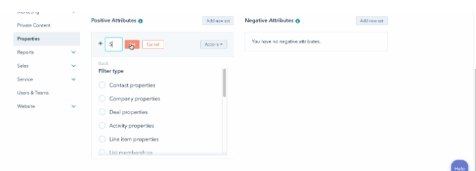 Atributos positivos de lead scoring en HubSpot
