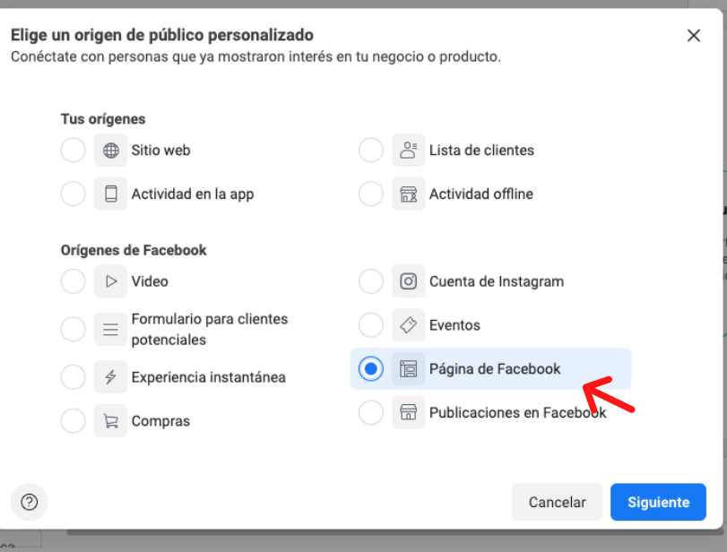 Opciones de página de Facebook para retargeting