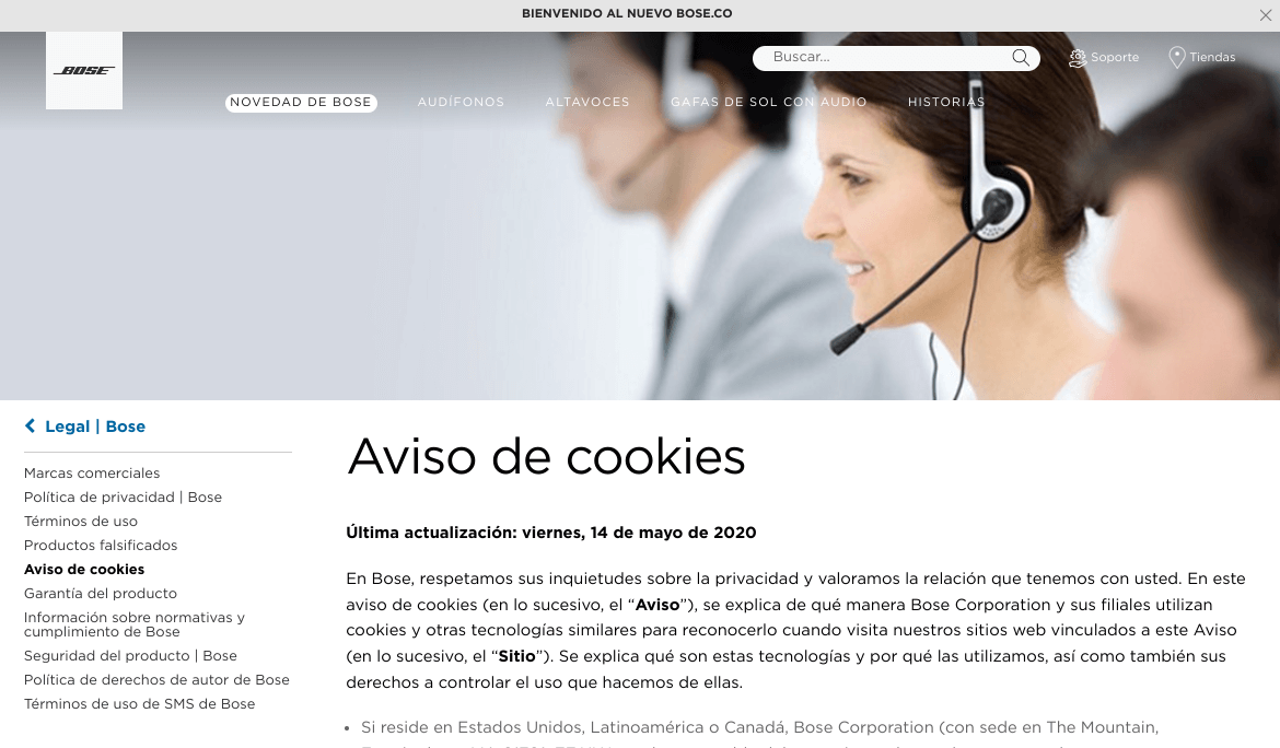 Ejemplo de cookies de Bose