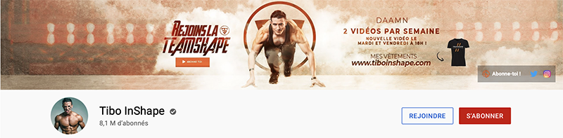 exemple de bannière YouTube sur la chaîne de Tibo InShape