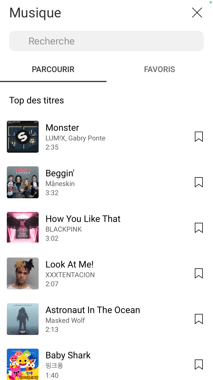 capture écran qui montre la bibliothèque de musique de Youtube pour créer un short