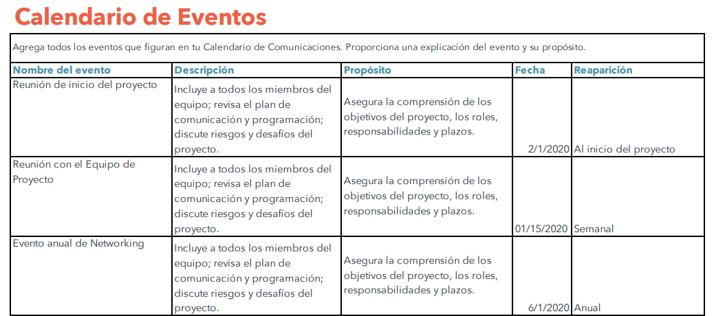 Ejemplo de calendario de eventos de plan de comunicación