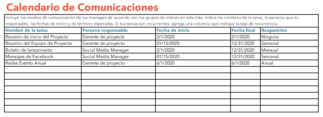 Ejemplo de calendario de comunicación