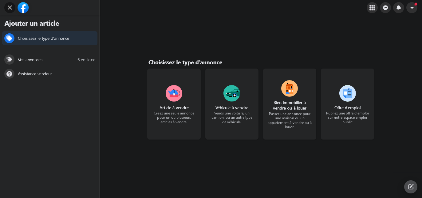 choisir le type de l'annonce facebook marketplace