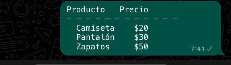 Como poner letra monoespaciada en WhatsApp