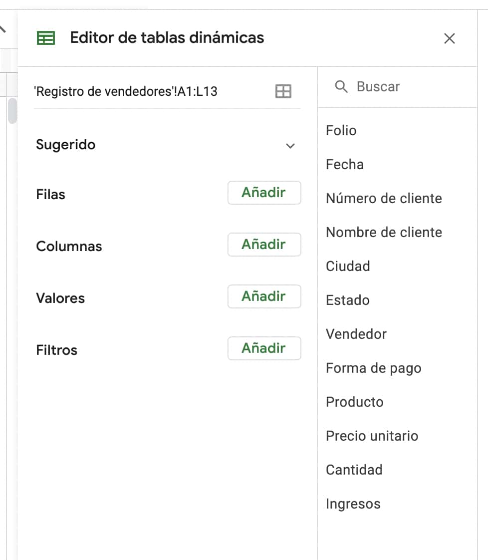 Abrir editor de tablas dinámicas para crear un dashboard de ventas en Excel