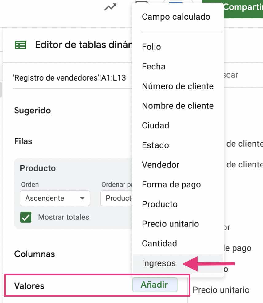 Añadir Valores en tabla dinámica para crear un dashboard de ventas en Excel