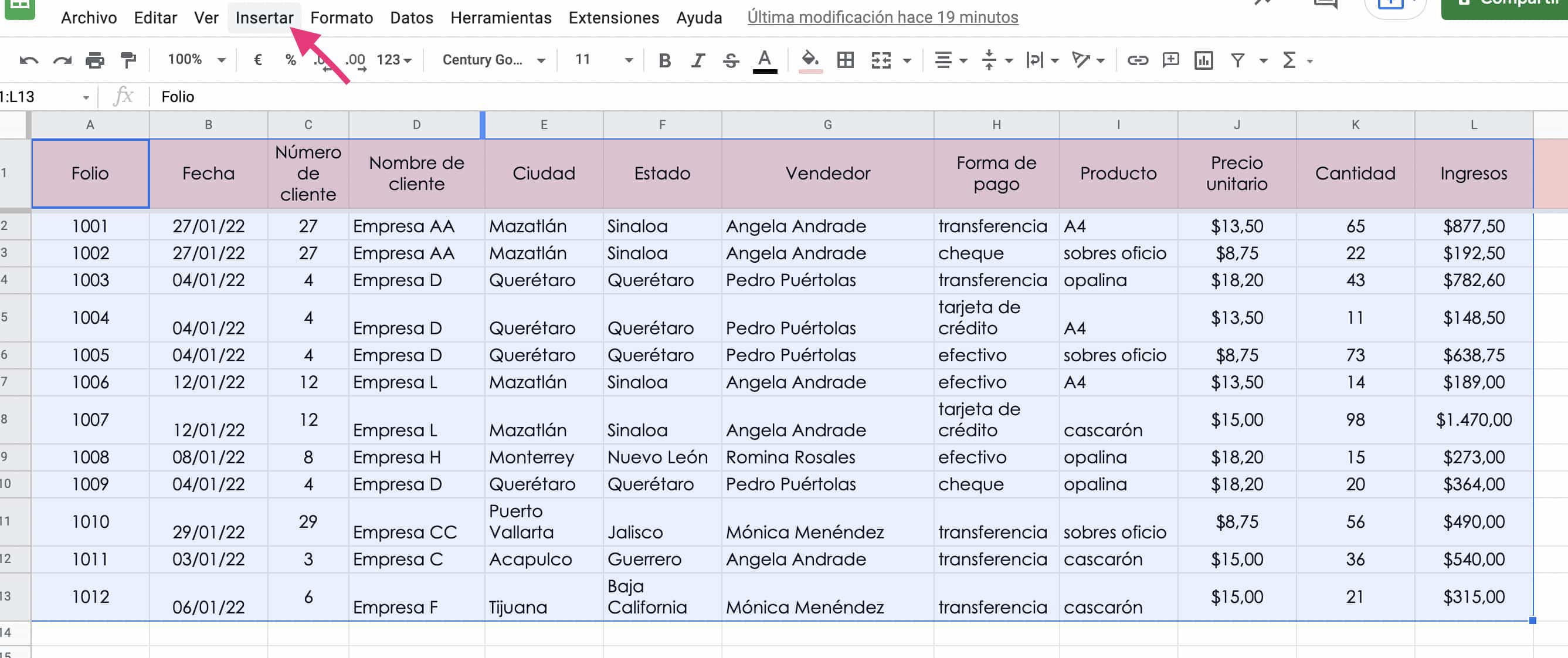 Seleccionar la base de datos y abrir menú Insertar para crear un dashboard de ventas en Excel
