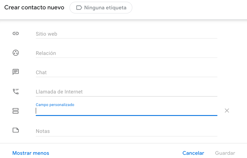 Opciones para agregar Más campos en la información de un contacto nuevo