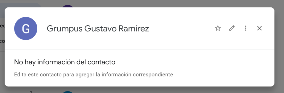 Tarjeta de nuevo contacto recién creado para Gmail