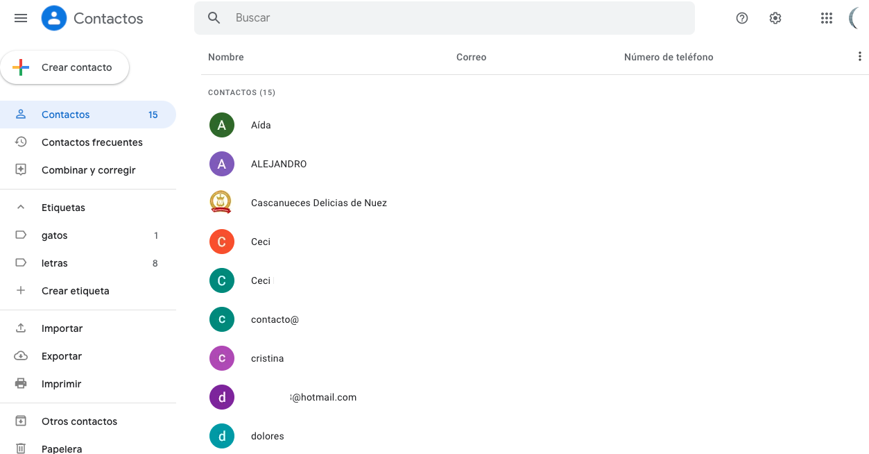 Página de Contactos en Google