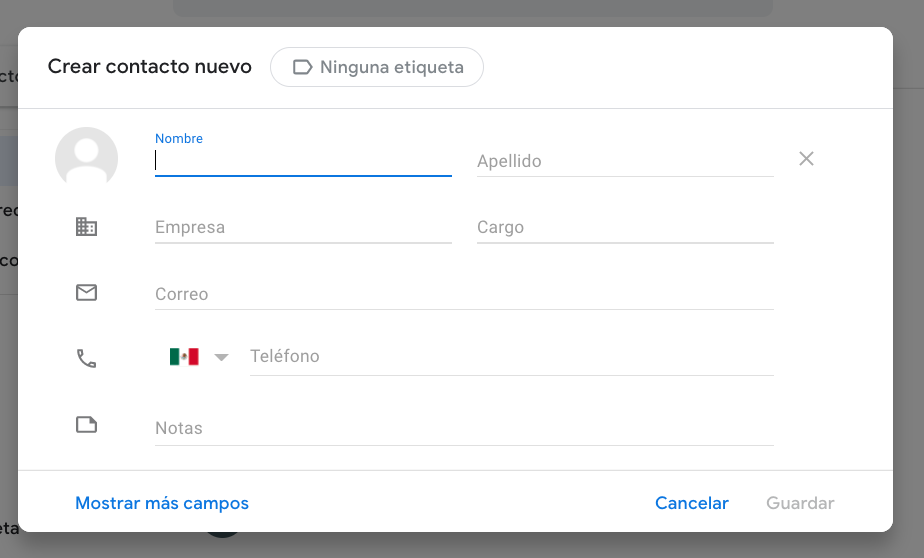 Campos de información para crear un nuevo contacto para Gmail