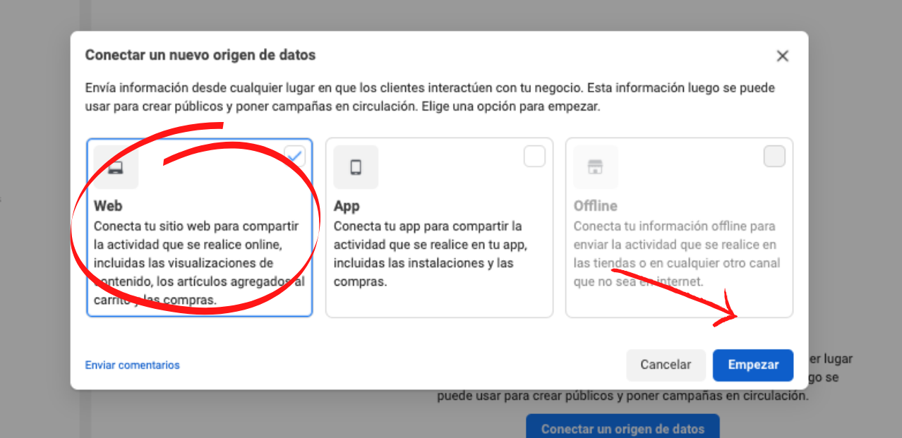 Cómo crear un Píxel de Facebook para tu sitio web: Selecciona la opción «Web»
