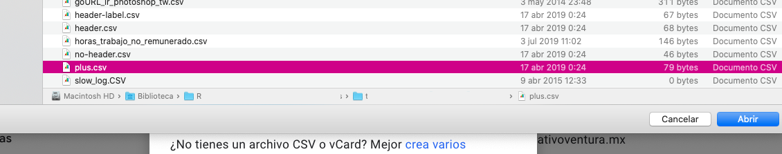 Elegir archivo CSV para importar contactos a Gmail