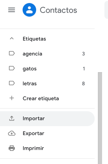 Opción Importar como aparece en el menú de Contactos para Gmail