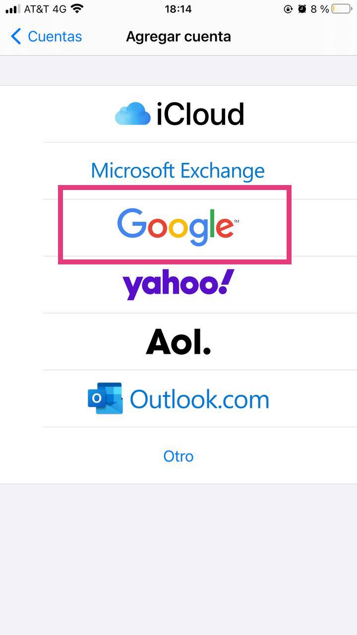Seleccionar Google para sincronizar contactos de iOS con Gmail