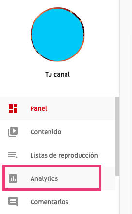 Opción de Analytics en el menú de la izquierda del canal de YouTube para ver los suscriptores