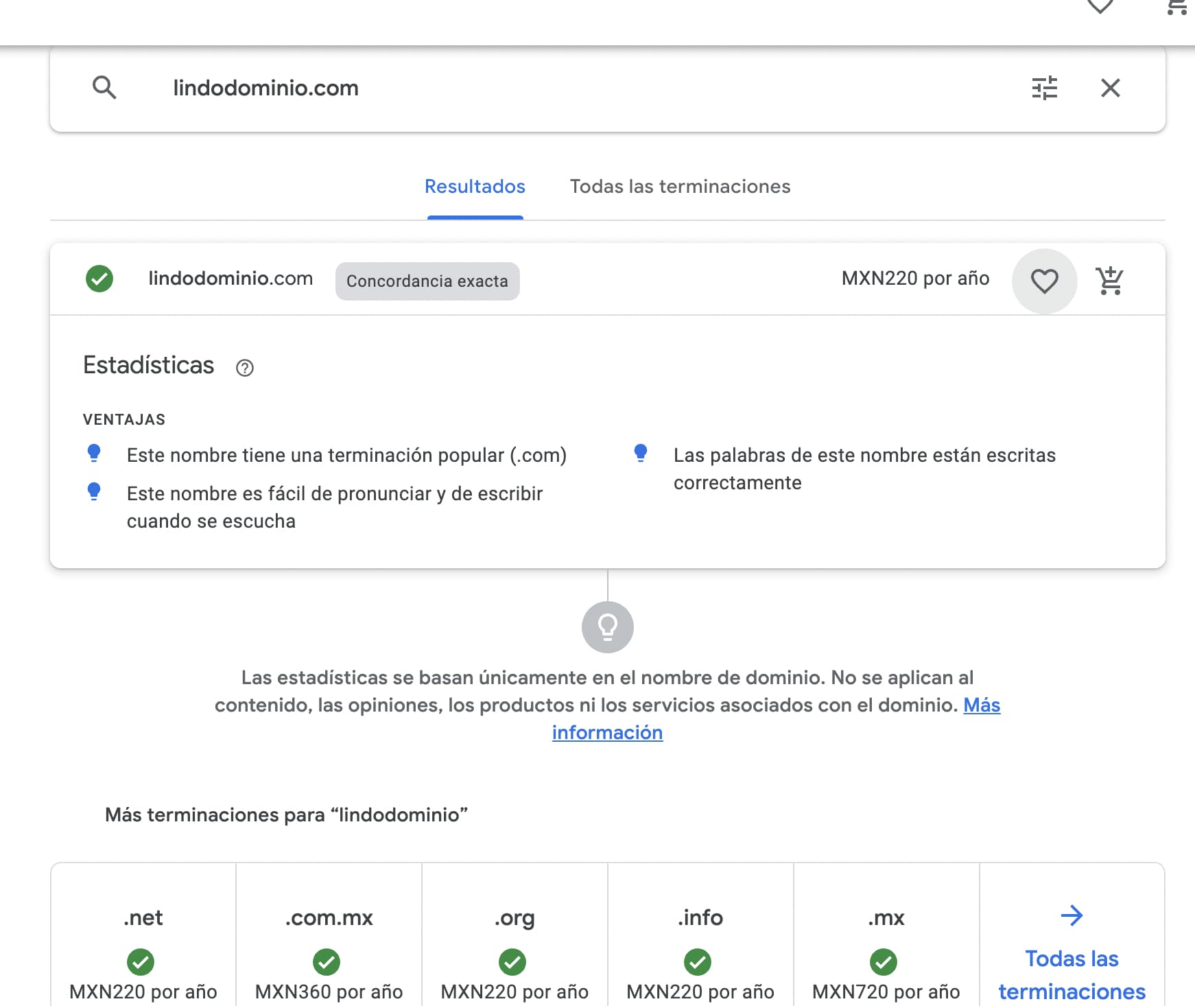 Resultados de disponibilidad de dominio en Google Domains