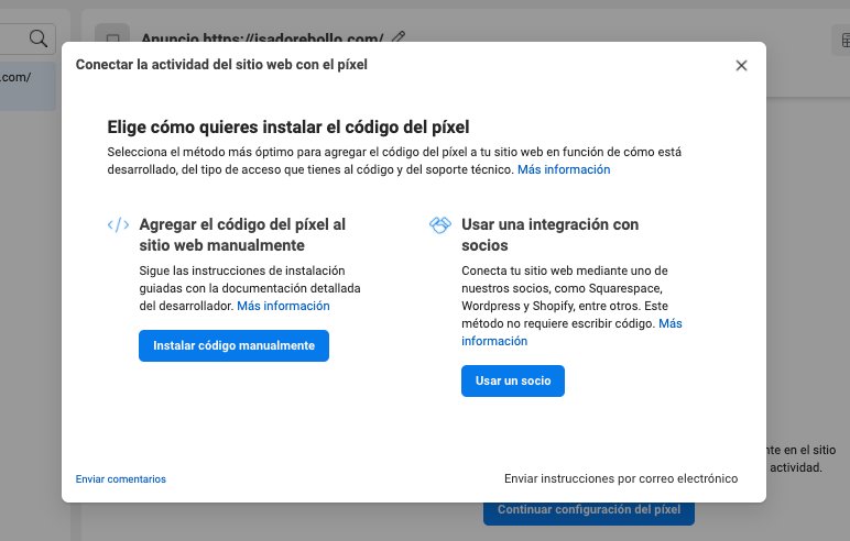 Cómo crear un píxel de Facebook para tu sitio web: elige cómo instarlar el código del píxel