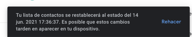 Confirmación de lista de contactos Gmail restablecida