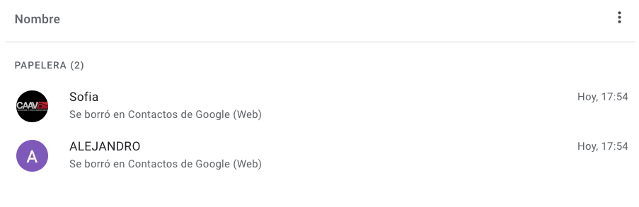 Vista de los contactos recientemente eliminados de Gmail