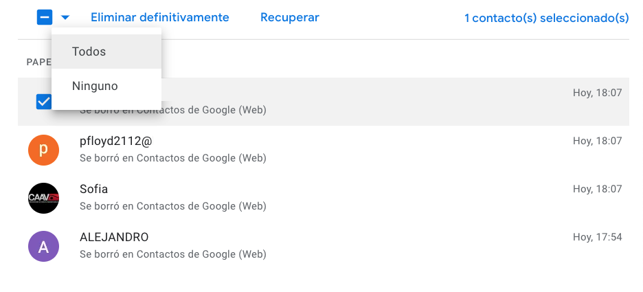 Menú para recuperar varios contactos Gmail simultáneamente
