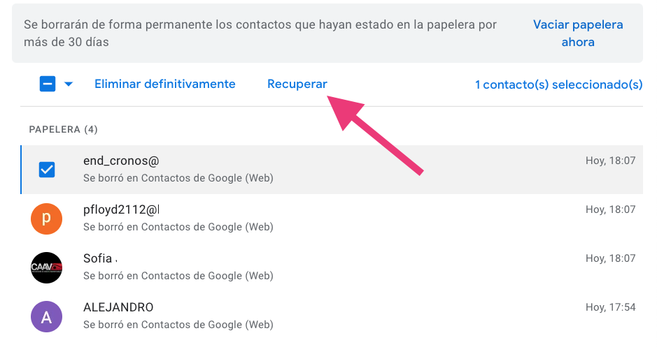 Seleccionar Recuperar un contacto Gmail 