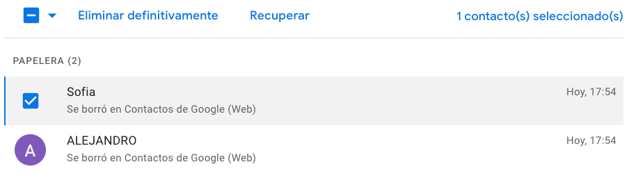 Seleccionar un contacto Gmail para recuperarlo de la Papelera