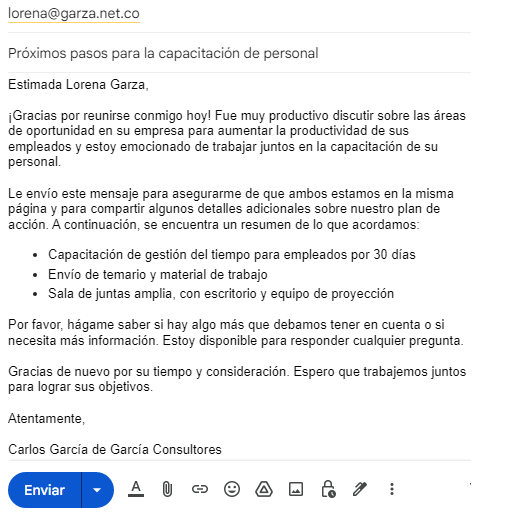 Correo de seguimiento: ejemplo con acuerdos