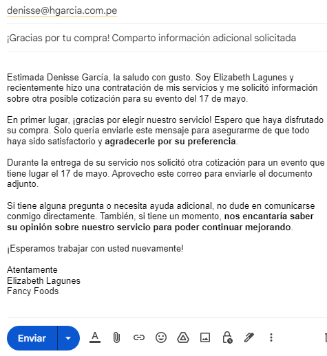 Correo de seguimiento: ejemplo tras compra