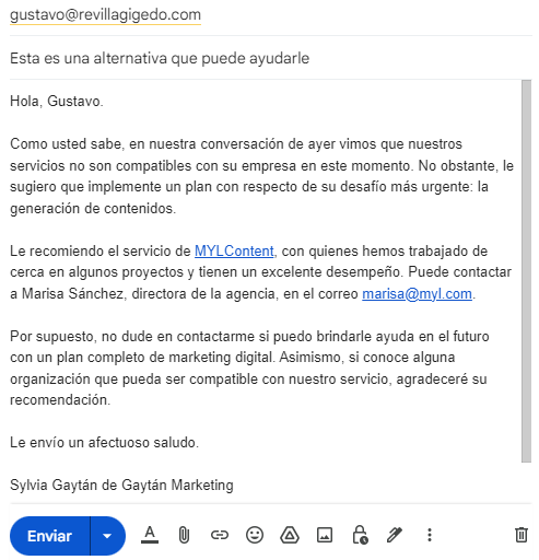 Correo de seguimiento: ejemplo para alguien que no quiere tu servicio