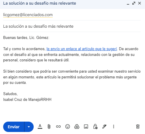 Correo de seguimiento: ejemplo con invitación a artículo