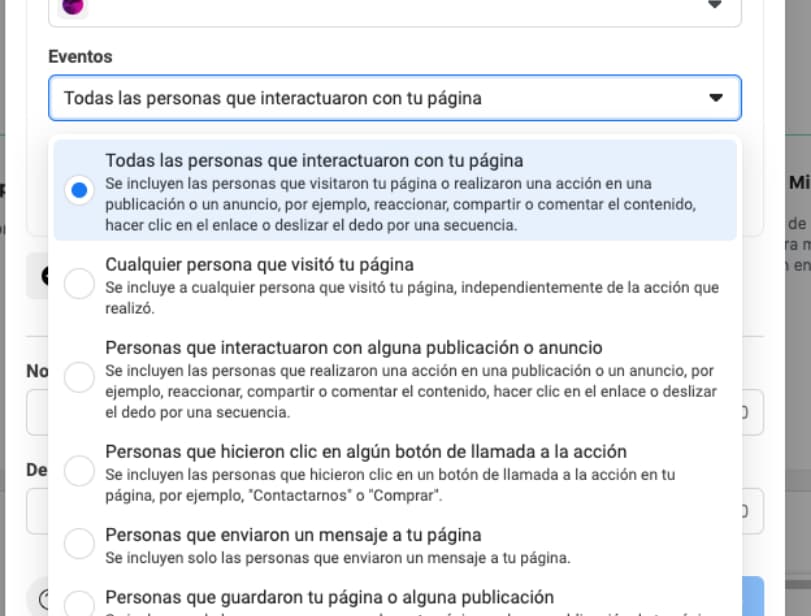 Cómo hacer retargeting en Facebook: eventos