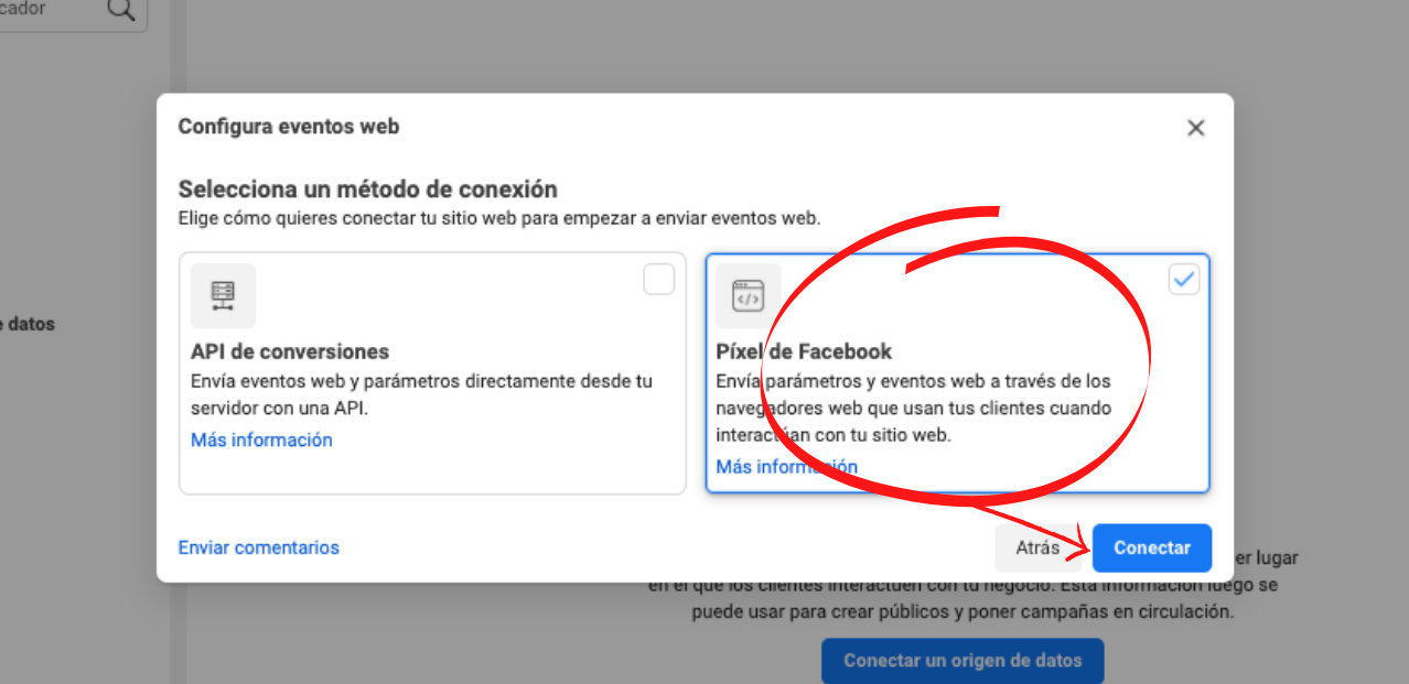 Cómo crear un píxel de Facebook para tu sitio web: selecciona el píxel y haz clic en «Conectar»