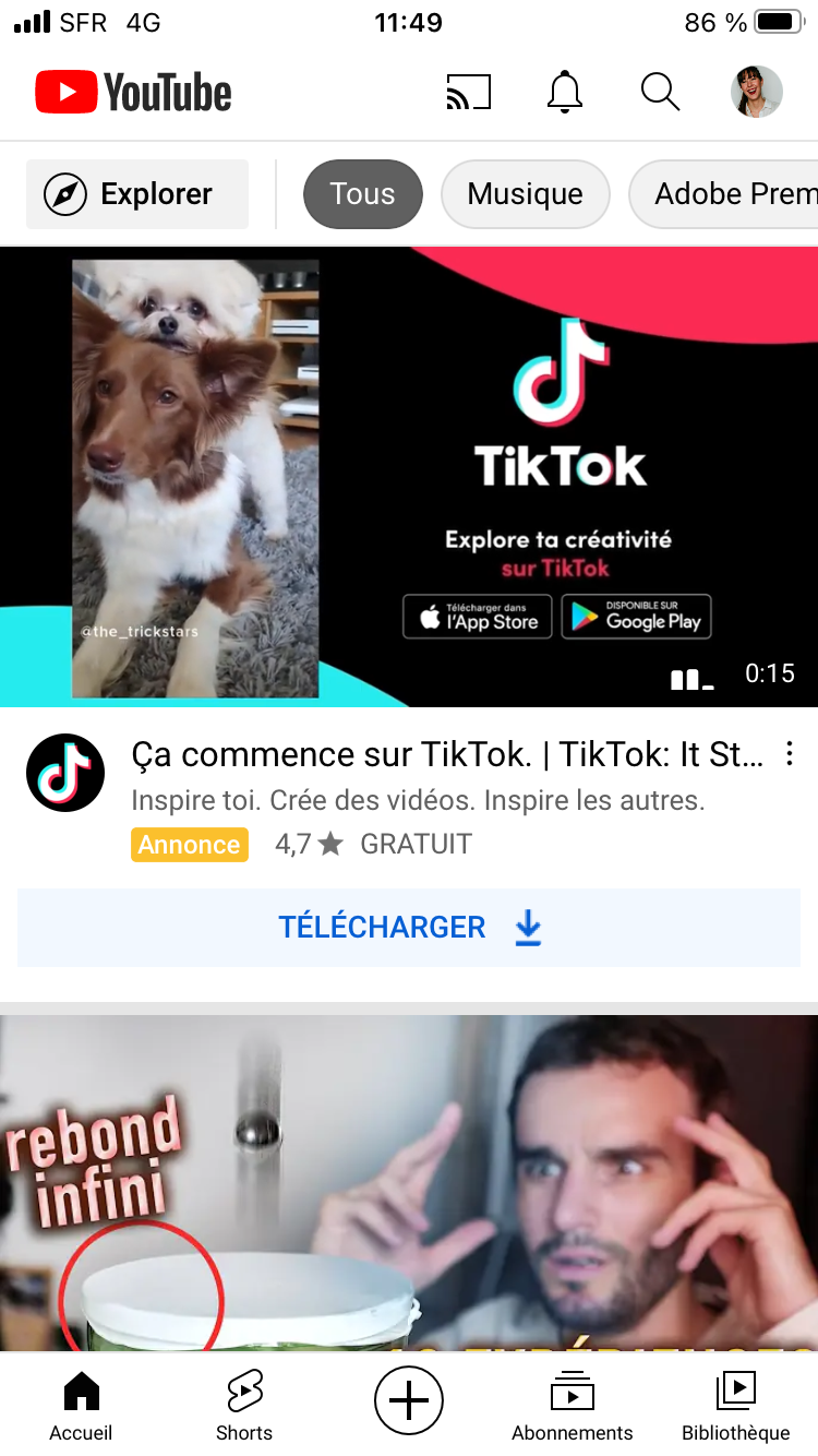 Capture écran de l'application Youtube