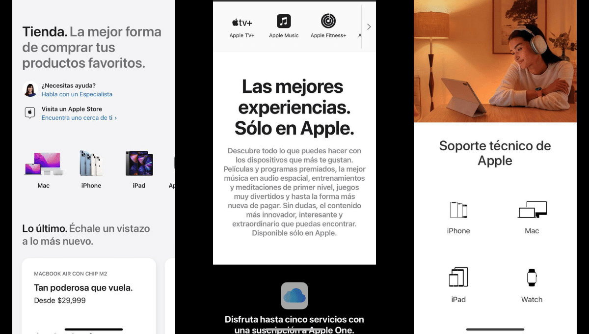 Diferentes páginas web en el sitio de Apple