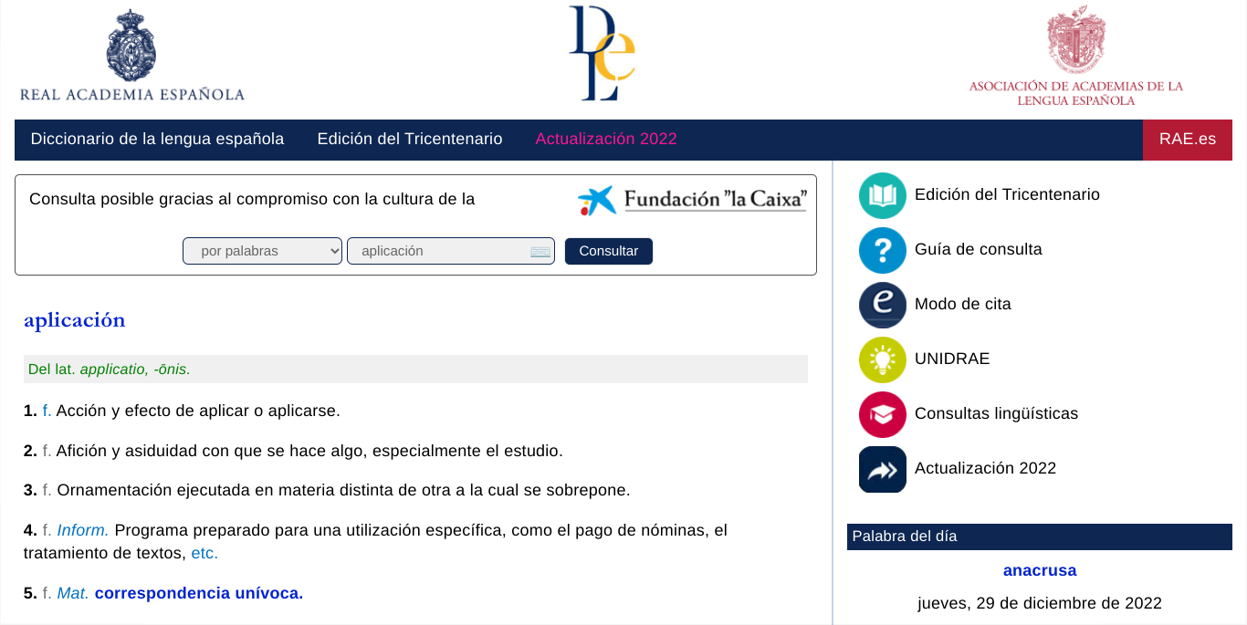 Buscador del diccionario RAE con resultados de búsqueda