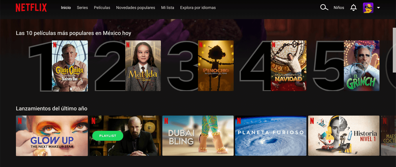 Interfaz de Netflix mostrando catálogo de contenido