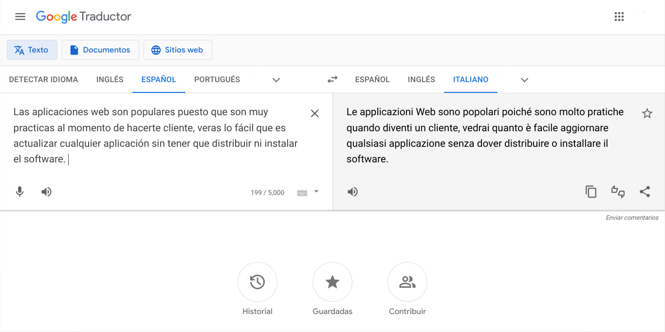 Interfaz del traductor de Google con campos de entrada y salida