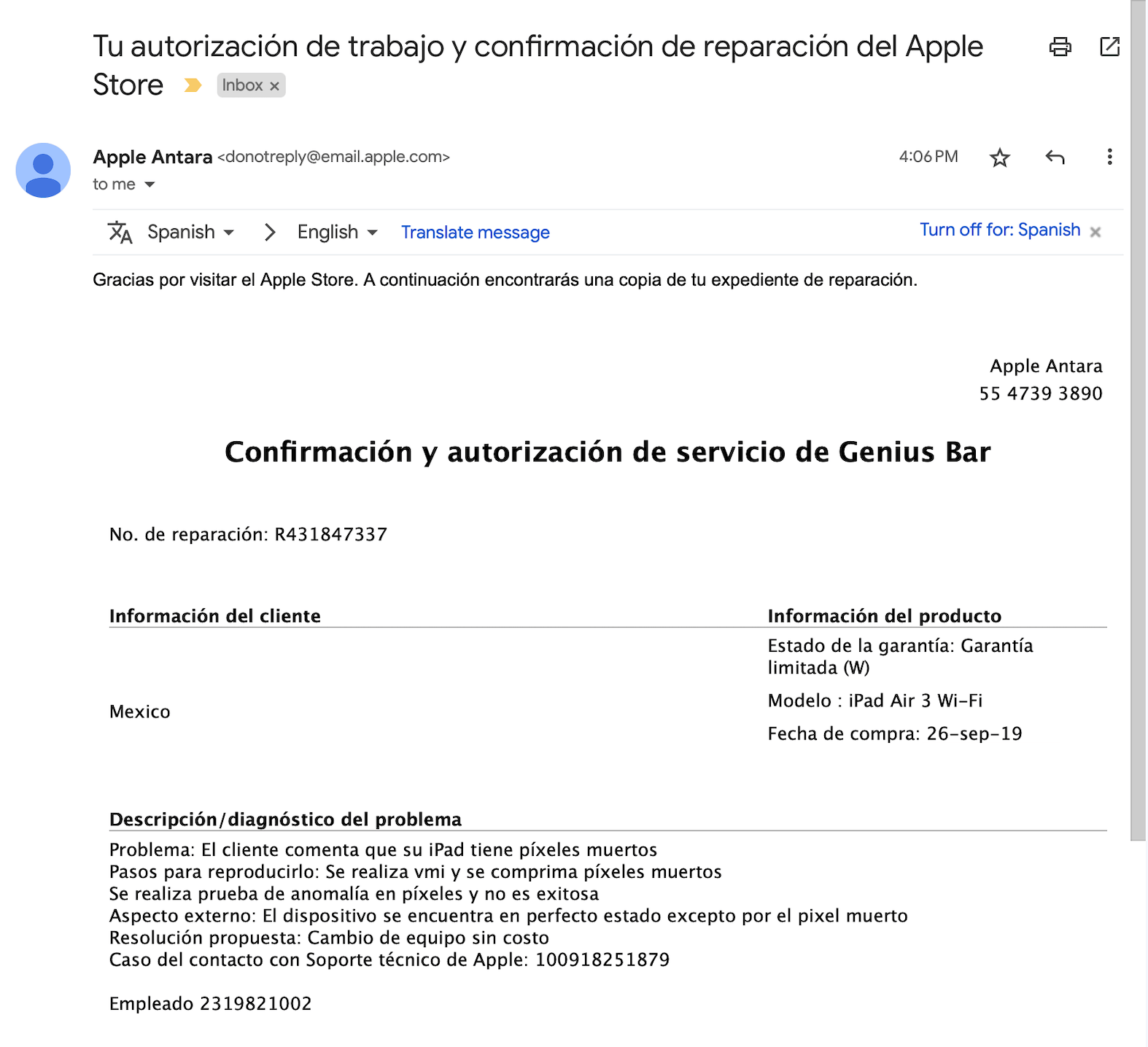 Ejemplo de conversación con el cliente eficiente: Apple