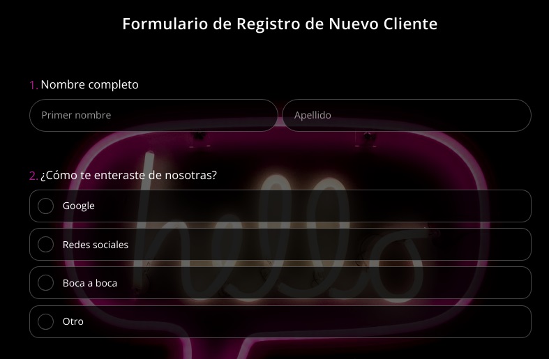 Ejemplo de formulario para nuevos clientes